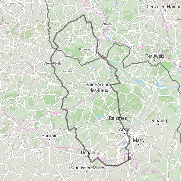 Map miniature of "Denain Excursion" cycling inspiration in Nord-Pas de Calais, France. Generated by Tarmacs.app cycling route planner