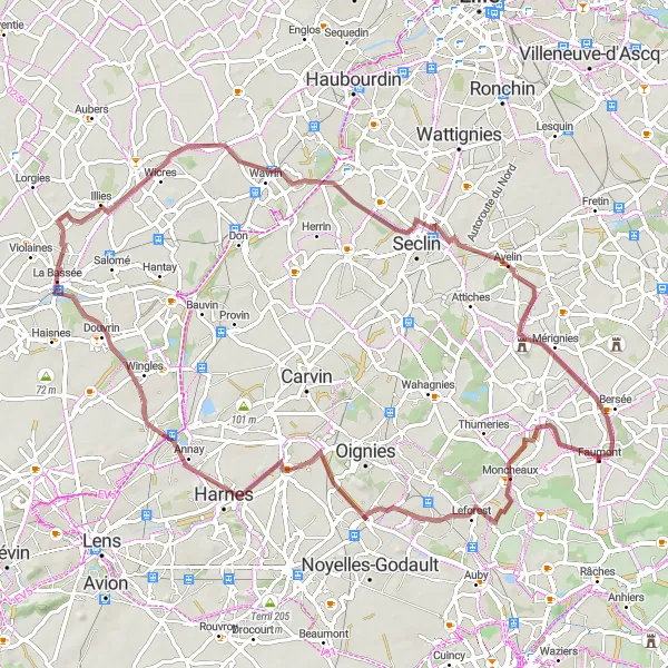 Map miniature of "Scenic Gravel Tour around Faumont" cycling inspiration in Nord-Pas de Calais, France. Generated by Tarmacs.app cycling route planner