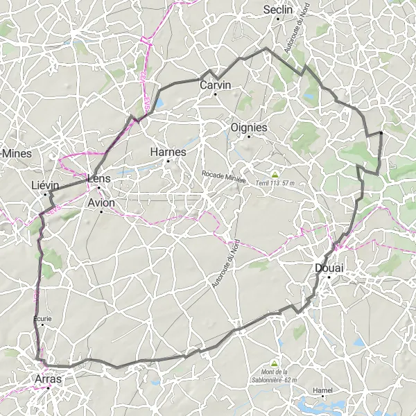 Miniature de la carte de l'inspiration cycliste "Parcours Routier Faumont - Mons-en-Pévèle" dans la Nord-Pas de Calais, France. Générée par le planificateur d'itinéraire cycliste Tarmacs.app