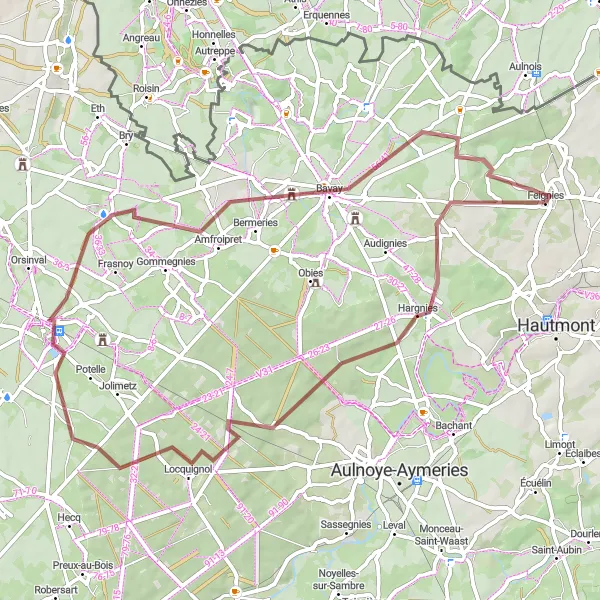 Map miniature of "Feignies Gravel Adventure" cycling inspiration in Nord-Pas de Calais, France. Generated by Tarmacs.app cycling route planner