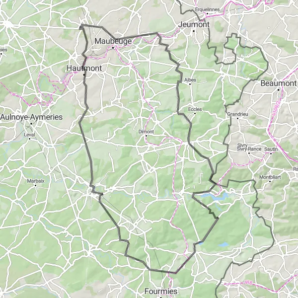 Map miniature of "Challenging Feignies Road Adventure" cycling inspiration in Nord-Pas de Calais, France. Generated by Tarmacs.app cycling route planner