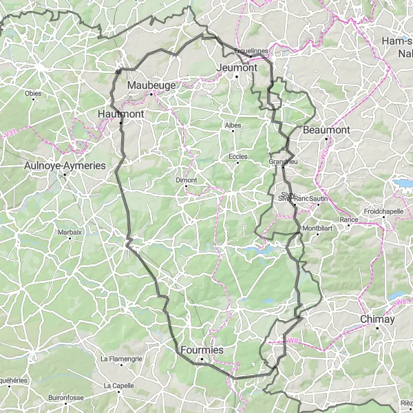 Miniature de la carte de l'inspiration cycliste "Le Circuit des Vallées et Collines" dans la Nord-Pas de Calais, France. Générée par le planificateur d'itinéraire cycliste Tarmacs.app