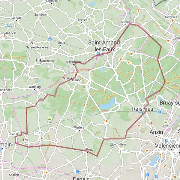 Map miniature of "Gravel Adventure around Fenain" cycling inspiration in Nord-Pas de Calais, France. Generated by Tarmacs.app cycling route planner