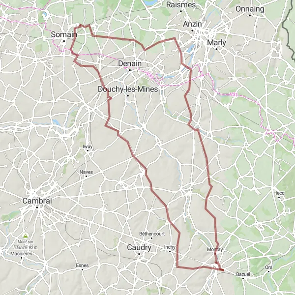 Miniature de la carte de l'inspiration cycliste "Parcours du Cambrésis" dans la Nord-Pas de Calais, France. Générée par le planificateur d'itinéraire cycliste Tarmacs.app