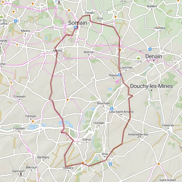 Miniature de la carte de l'inspiration cycliste "Parcours de gravel autour de Fenain" dans la Nord-Pas de Calais, France. Générée par le planificateur d'itinéraire cycliste Tarmacs.app