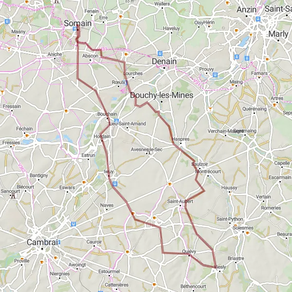 Miniature de la carte de l'inspiration cycliste "Circuit autour de Fenain" dans la Nord-Pas de Calais, France. Générée par le planificateur d'itinéraire cycliste Tarmacs.app