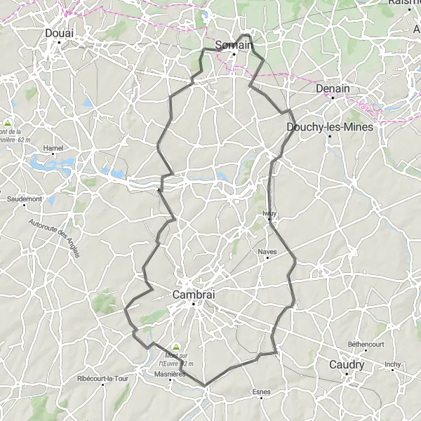 Miniature de la carte de l'inspiration cycliste "Boucle touristique d'Abscon à Auberchicourt" dans la Nord-Pas de Calais, France. Générée par le planificateur d'itinéraire cycliste Tarmacs.app