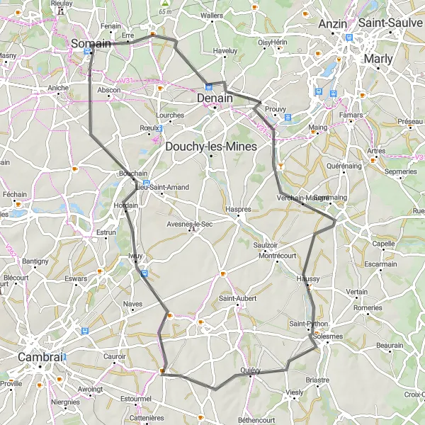 Miniature de la carte de l'inspiration cycliste "Parcours routier de Thiant à Hordain" dans la Nord-Pas de Calais, France. Générée par le planificateur d'itinéraire cycliste Tarmacs.app