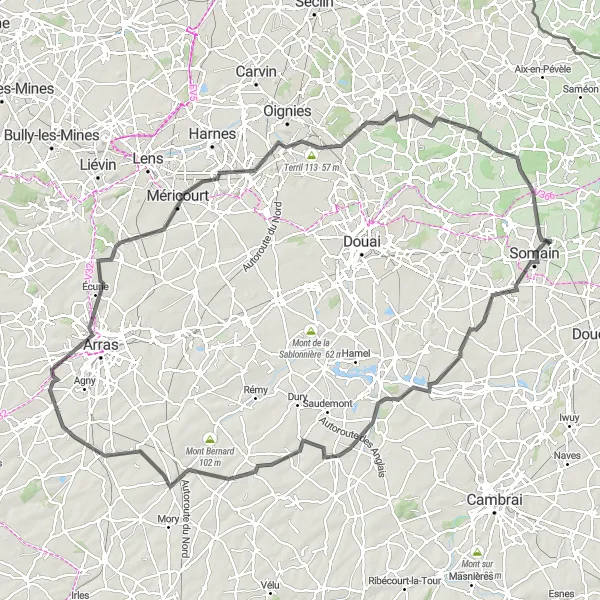 Miniature de la carte de l'inspiration cycliste "Route des Terrils" dans la Nord-Pas de Calais, France. Générée par le planificateur d'itinéraire cycliste Tarmacs.app