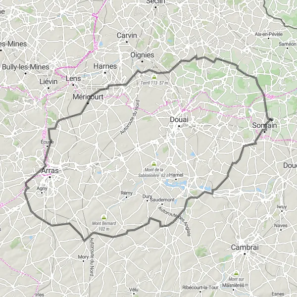 Map miniature of "The Road Explorer" cycling inspiration in Nord-Pas de Calais, France. Generated by Tarmacs.app cycling route planner