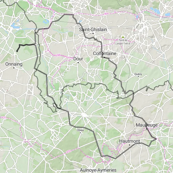 Map miniature of "The Hills and Valleys of Hautmont" cycling inspiration in Nord-Pas de Calais, France. Generated by Tarmacs.app cycling route planner