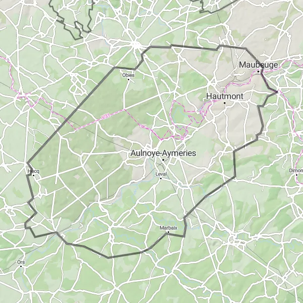 Map miniature of "Landrecies Discovery" cycling inspiration in Nord-Pas de Calais, France. Generated by Tarmacs.app cycling route planner