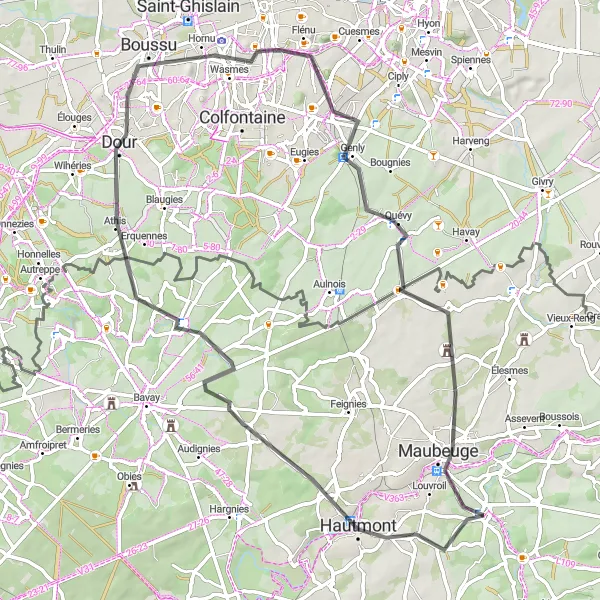Map miniature of "The Mines and Hills of Ferrière-la-Grande" cycling inspiration in Nord-Pas de Calais, France. Generated by Tarmacs.app cycling route planner