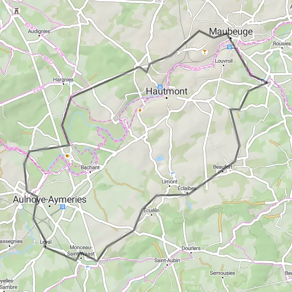 Miniature de la carte de l'inspiration cycliste "Parcours Pittoresque à Travers la Campagne" dans la Nord-Pas de Calais, France. Générée par le planificateur d'itinéraire cycliste Tarmacs.app