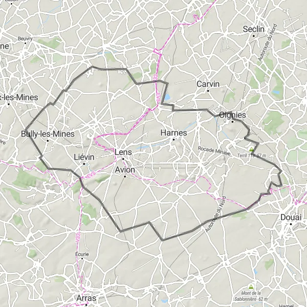 Map miniature of "The Historic Circuit of Arras" cycling inspiration in Nord-Pas de Calais, France. Generated by Tarmacs.app cycling route planner
