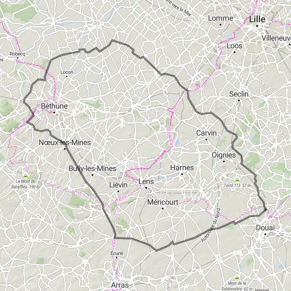 Map miniature of "Discovering Mont de Givenchy and Hinges by Road" cycling inspiration in Nord-Pas de Calais, France. Generated by Tarmacs.app cycling route planner
