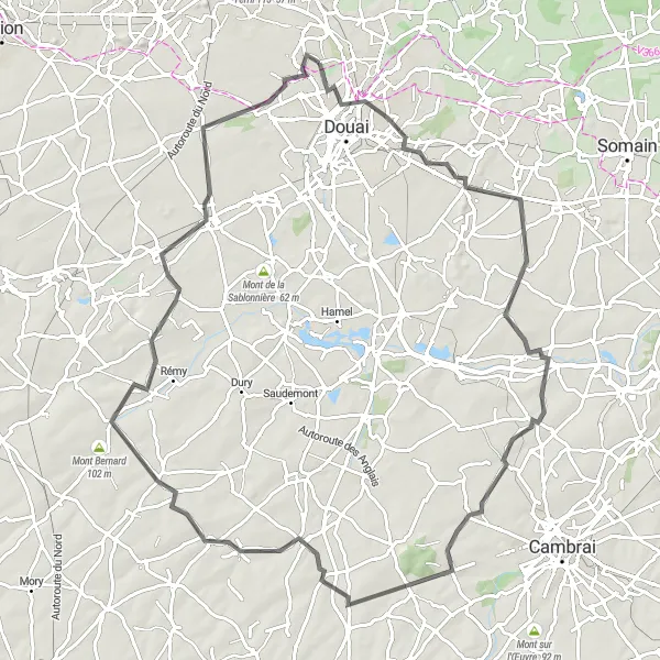 Map miniature of "Féchain Road Ride" cycling inspiration in Nord-Pas de Calais, France. Generated by Tarmacs.app cycling route planner