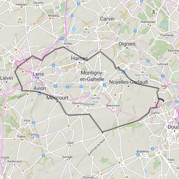 Map miniature of "Exploring Avion and Dourges from Flers-en-Escrebieux" cycling inspiration in Nord-Pas de Calais, France. Generated by Tarmacs.app cycling route planner