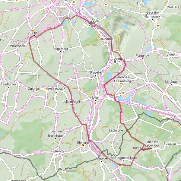 Map miniature of "Jollain-Merlin Gravel Path" cycling inspiration in Nord-Pas de Calais, France. Generated by Tarmacs.app cycling route planner