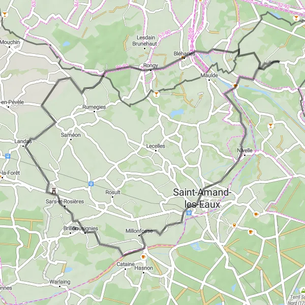 Map miniature of "The Amble in Amand" cycling inspiration in Nord-Pas de Calais, France. Generated by Tarmacs.app cycling route planner
