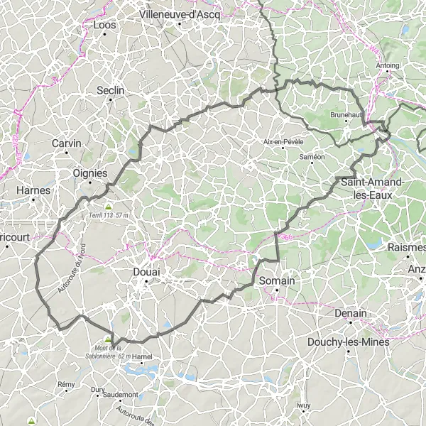 Miniature de la carte de l'inspiration cycliste "Parcours des Terrils et des Villages Pittoresques" dans la Nord-Pas de Calais, France. Générée par le planificateur d'itinéraire cycliste Tarmacs.app