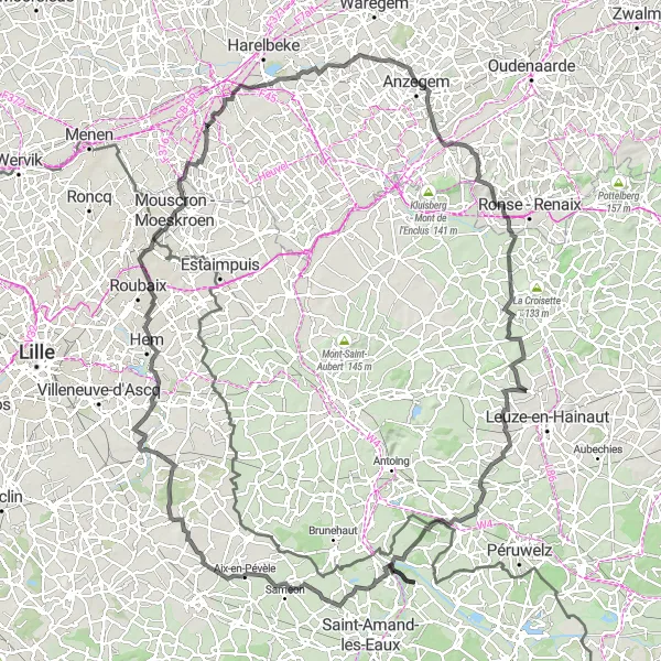 Miniature de la carte de l'inspiration cycliste "Aventure à vélo à travers les terres flamandes et wallonnes" dans la Nord-Pas de Calais, France. Générée par le planificateur d'itinéraire cycliste Tarmacs.app