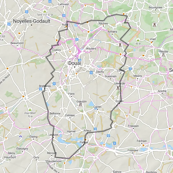 Map miniature of "Montigny-en-Ostrevent and Auby Road Route" cycling inspiration in Nord-Pas de Calais, France. Generated by Tarmacs.app cycling route planner