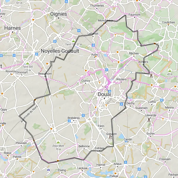 Map miniature of "The Road Adventure" cycling inspiration in Nord-Pas de Calais, France. Generated by Tarmacs.app cycling route planner