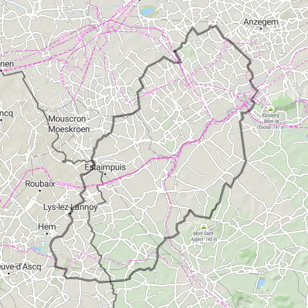 Map miniature of "The Hills of Flanders" cycling inspiration in Nord-Pas de Calais, France. Generated by Tarmacs.app cycling route planner