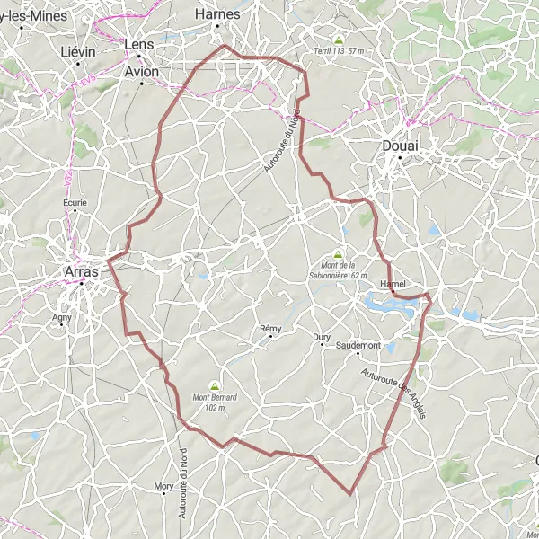 Map miniature of "Scenic Gravel Adventure: Exploring Hénin-Beaumont and beyond" cycling inspiration in Nord-Pas de Calais, France. Generated by Tarmacs.app cycling route planner