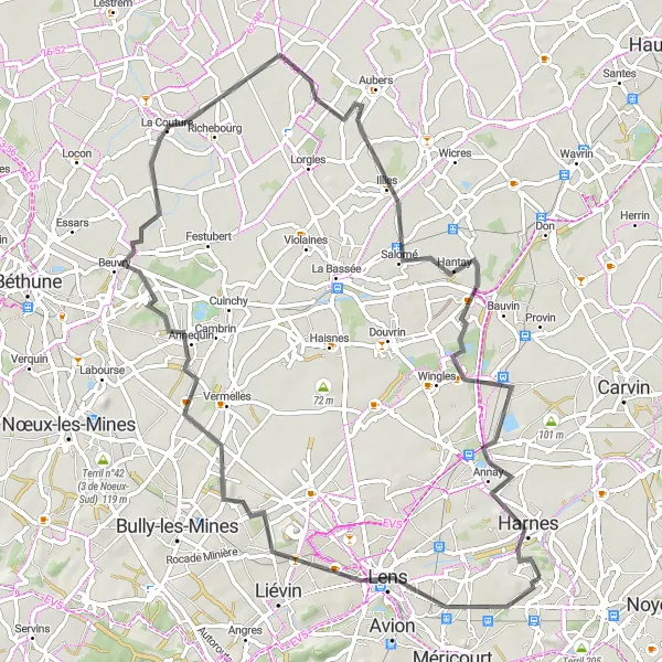 Miniature de la carte de l'inspiration cycliste "La campagne verdoyante" dans la Nord-Pas de Calais, France. Générée par le planificateur d'itinéraire cycliste Tarmacs.app