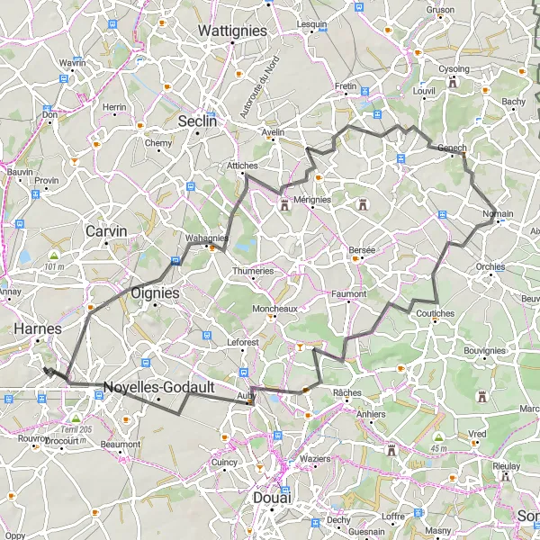 Miniature de la carte de l'inspiration cycliste "Route pittoresque du Nord" dans la Nord-Pas de Calais, France. Générée par le planificateur d'itinéraire cycliste Tarmacs.app