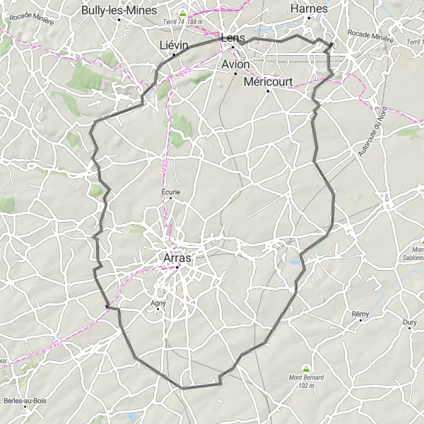 Miniature de la carte de l'inspiration cycliste "Tour des Monts du Nord" dans la Nord-Pas de Calais, France. Générée par le planificateur d'itinéraire cycliste Tarmacs.app