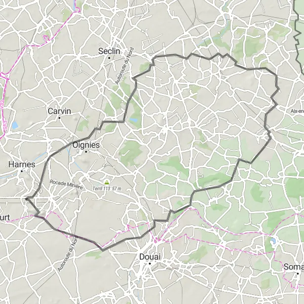 Map miniature of "The Courrières Loop" cycling inspiration in Nord-Pas de Calais, France. Generated by Tarmacs.app cycling route planner