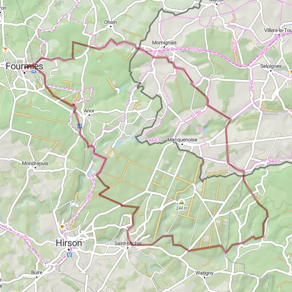 Miniature de la carte de l'inspiration cycliste "Les chemins de traverse du Thiérache" dans la Nord-Pas de Calais, France. Générée par le planificateur d'itinéraire cycliste Tarmacs.app