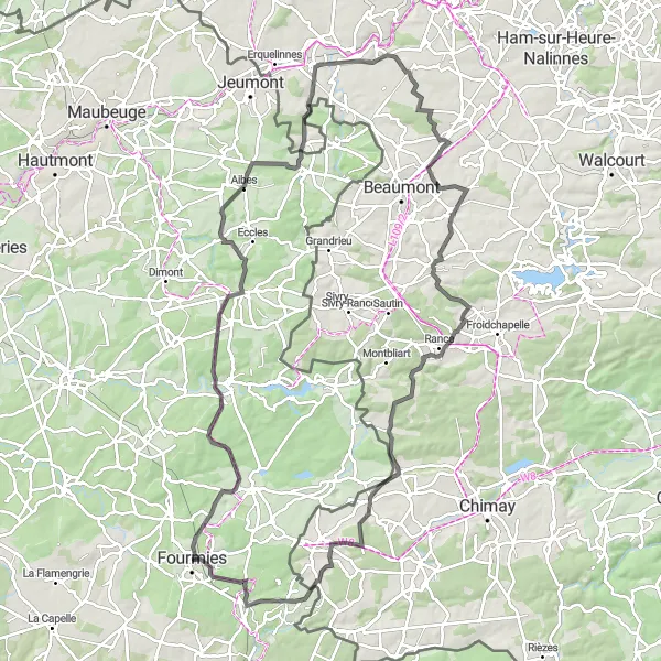 Miniature de la carte de l'inspiration cycliste "Le Tour de la Vallée de l'Helpe Mineure" dans la Nord-Pas de Calais, France. Générée par le planificateur d'itinéraire cycliste Tarmacs.app