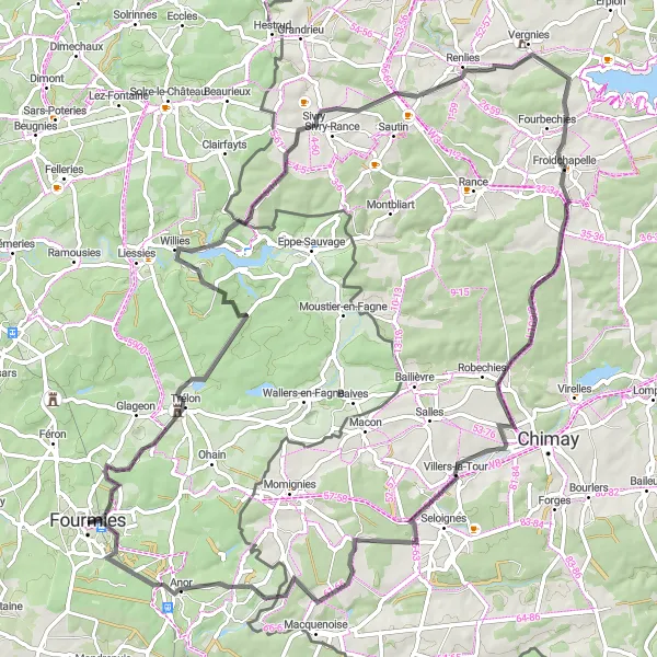 Map miniature of "The Green Hills of Trélon" cycling inspiration in Nord-Pas de Calais, France. Generated by Tarmacs.app cycling route planner
