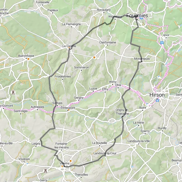 Map miniature of "Scenic Landouzy-la-Cour Ride" cycling inspiration in Nord-Pas de Calais, France. Generated by Tarmacs.app cycling route planner