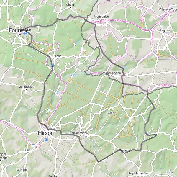 Miniature de la carte de l'inspiration cycliste "Boucle autour de Fourmies" dans la Nord-Pas de Calais, France. Générée par le planificateur d'itinéraire cycliste Tarmacs.app
