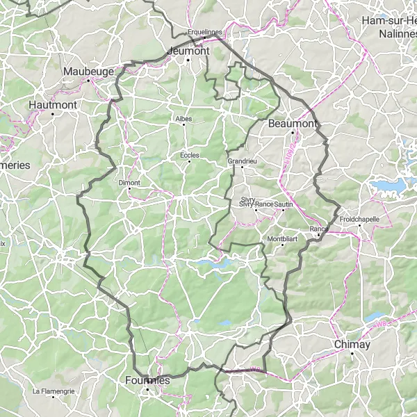 Miniature de la carte de l'inspiration cycliste "Les coteaux de l'Erre" dans la Nord-Pas de Calais, France. Générée par le planificateur d'itinéraire cycliste Tarmacs.app