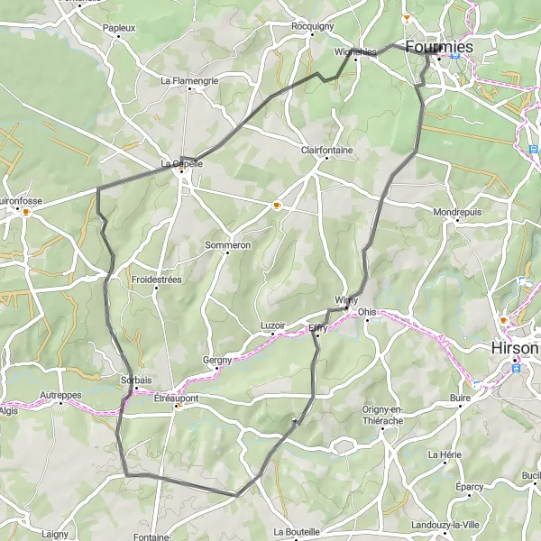 Miniature de la carte de l'inspiration cycliste "Circuit à vélo à travers l'Avesnois" dans la Nord-Pas de Calais, France. Générée par le planificateur d'itinéraire cycliste Tarmacs.app