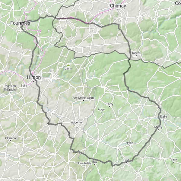 Miniature de la carte de l'inspiration cycliste "Les vallées de la Serre" dans la Nord-Pas de Calais, France. Générée par le planificateur d'itinéraire cycliste Tarmacs.app