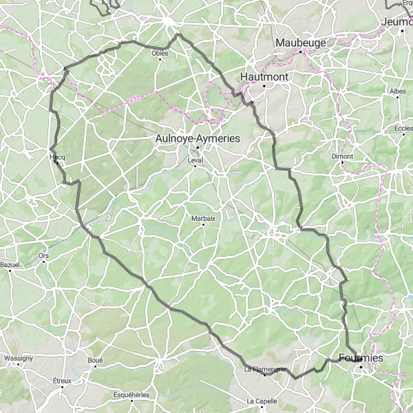 Miniature de la carte de l'inspiration cycliste "Les collines de l'Avesnois" dans la Nord-Pas de Calais, France. Générée par le planificateur d'itinéraire cycliste Tarmacs.app