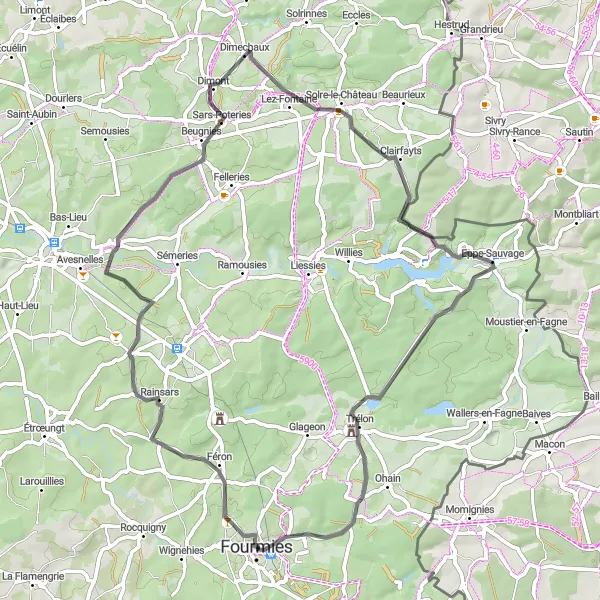 Miniature de la carte de l'inspiration cycliste "Boucle à vélo autour de Fourmies" dans la Nord-Pas de Calais, France. Générée par le planificateur d'itinéraire cycliste Tarmacs.app