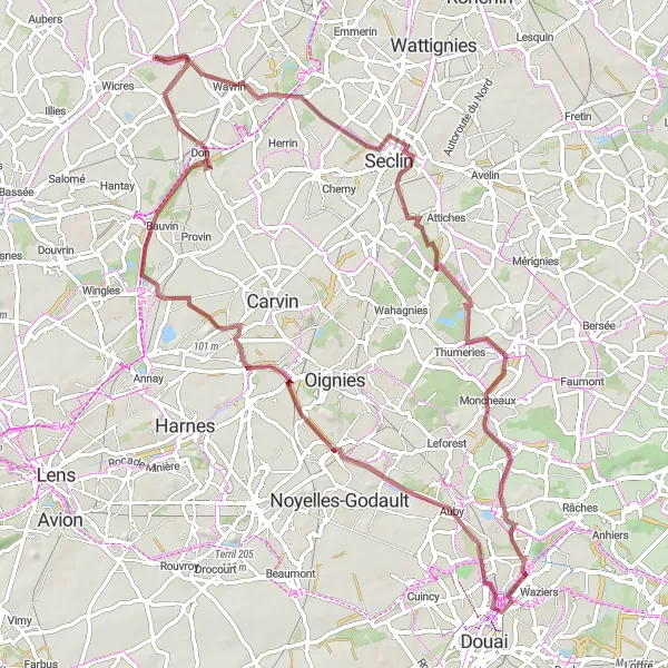 Map miniature of "Seclin Gravel Challenge" cycling inspiration in Nord-Pas de Calais, France. Generated by Tarmacs.app cycling route planner