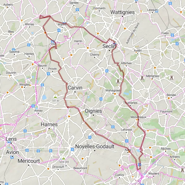 Map miniature of "Fournes-en-Weppes Gravel Adventure" cycling inspiration in Nord-Pas de Calais, France. Generated by Tarmacs.app cycling route planner