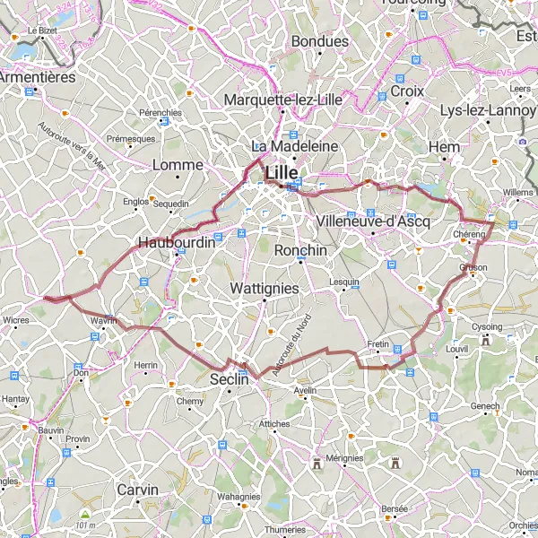 Map miniature of "Gravel Escape: Haubourdin to Wavrin" cycling inspiration in Nord-Pas de Calais, France. Generated by Tarmacs.app cycling route planner