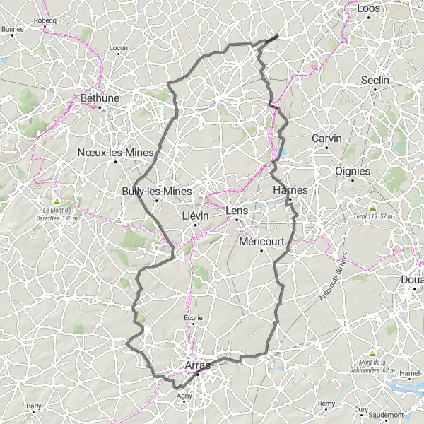 Miniature de la carte de l'inspiration cycliste "Aventure cycliste à travers les paysages variés près de Fournes-en-Weppes" dans la Nord-Pas de Calais, France. Générée par le planificateur d'itinéraire cycliste Tarmacs.app