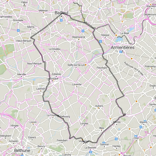 Miniature de la carte de l'inspiration cycliste "Les collines de Fournes" dans la Nord-Pas de Calais, France. Générée par le planificateur d'itinéraire cycliste Tarmacs.app