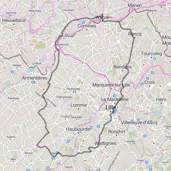 Map miniature of "Lille Excursion" cycling inspiration in Nord-Pas de Calais, France. Generated by Tarmacs.app cycling route planner